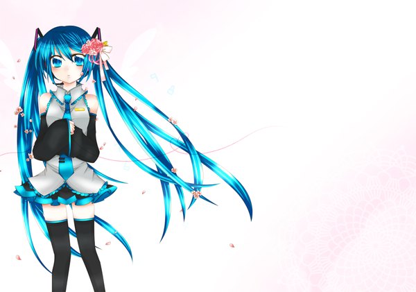 Anime picture 2000x1406 with vocaloid hatsune miku sorakase sawa (artist) single long hair looking at viewer highres blue eyes simple background twintails bare shoulders blue hair hair flower girl thighhighs skirt hair ornament black thighhighs detached sleeves miniskirt