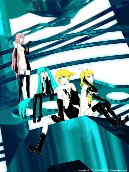 Anime picture 1112x1484 with vocaloid meltdown (vocaloid) hatsune miku megurine luka kagamine rin kagamine len long hair tall image short hair blue eyes blonde hair smile sitting twintails multiple girls pink hair aqua hair girl boy gloves