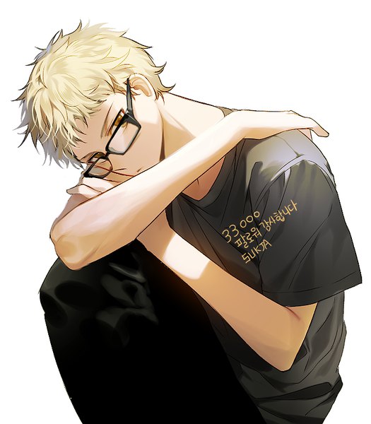 Anime picture 700x800 with haikyuu!! production i.g tsukishima kei sorolp single tall image looking at viewer short hair simple background blonde hair white background sitting brown eyes signed hand on shoulder korean boy glasses t-shirt