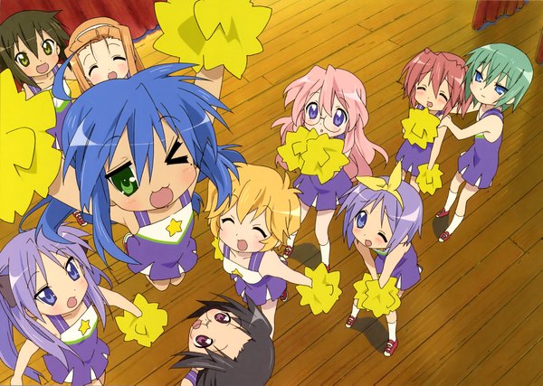 Anime picture 4093x2913 with lucky star kyoto animation izumi konata hiiragi kagami hiiragi tsukasa takara miyuki kusakabe misao kobayakawa yutaka iwasaki minami tamura hiyori patricia martin minegishi ayano horiguchi yukiko highres scan cheerleader girl glasses