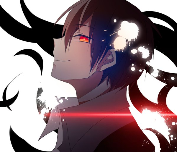 Anime picture 1400x1200 with ansatsu kyoushitsu akabane karma selloum single looking at viewer fringe short hair smile hair between eyes red eyes brown hair white background profile open collar dark hair boy shirt white shirt