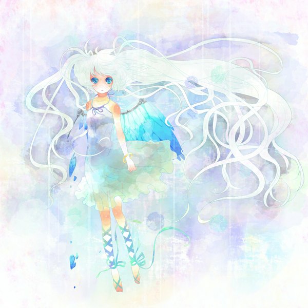 Anime picture 1000x1000 with vocaloid hatsune miku tsukudato single long hair looking at viewer blue eyes white hair very long hair barefoot sleeveless destruction mechanical wings girl dress ribbon (ribbons) wings bracelet