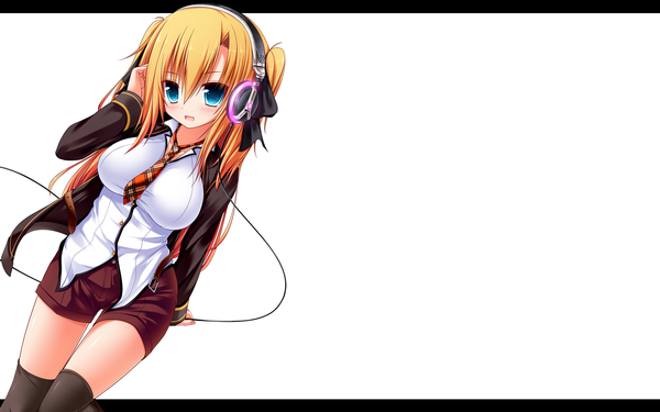 Anime picture 1600x1000 with original syroh single long hair blush open mouth blue eyes light erotic blonde hair simple background wide image white background girl thighhighs ribbon (ribbons) black thighhighs hair ribbon shirt necktie shorts