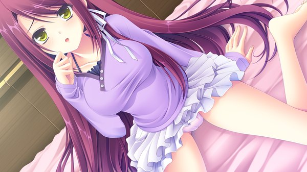 Anime picture 1024x576 with sugirly wish kamira akane long hair light erotic wide image green eyes game cg purple hair pantyshot girl