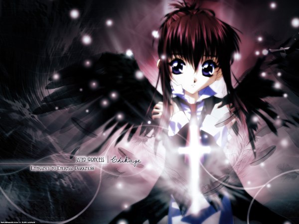 Anime picture 1280x960 with sister princess zexcs chikage (sister princess) tenhiro naoto single long hair looking at viewer purple eyes twintails red hair inscription wallpaper short twintails angel wings angel girl wings