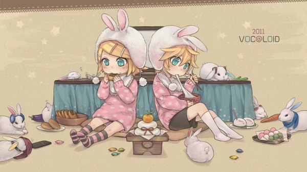 Anime picture 1366x768 with vocaloid kagamine rin kagamine len formalin blush short hair blonde hair wide image sitting holding animal ears barefoot aqua eyes from behind inscription shadow bunny ears couple mouth hold eating
