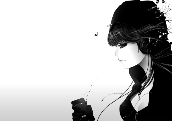 Anime picture 3508x2483 with original ipod qsixtynine long hair highres black hair simple background white background absurdres profile monochrome eyeshadow gloves hat choker headphones water drop wire (wires)