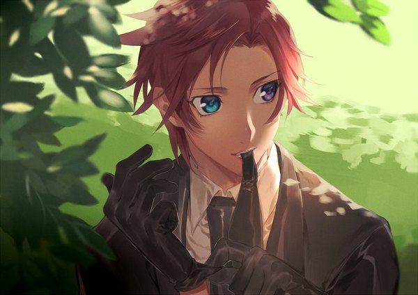 Anime picture 900x637 with tales of (series) tales of graces asbel lhant sachico66 single short hair purple eyes holding looking away red hair aqua eyes from above sunlight heterochromia mouth hold nature adjusting clothes adjusting gloves boy gloves