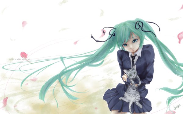 Anime picture 1400x878 with vocaloid hatsune miku 4bangai (artist) single long hair blue eyes simple background twintails aqua hair girl flower (flowers) ribbon (ribbons) hair ribbon animal petals cat