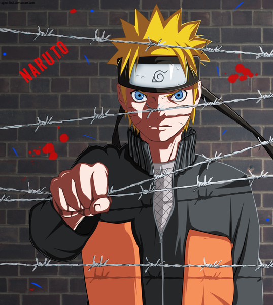 Anime picture 2500x2788 with naruto studio pierrot naruto (series) uzumaki naruto gold-mk single tall image highres short hair blue eyes blonde hair inscription coloring facial mark whisker markings jinchuriki boy bandana wall barbed wire