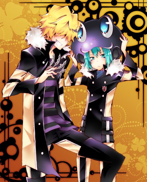 Anime picture 800x984 with katekyou hitman reborn belphegor (khr) fran (khr) danemaru tall image looking at viewer blush fringe short hair blonde hair smile hair between eyes standing bent knee (knees) aqua eyes aqua hair multiple boys striped yellow background adjusting hat