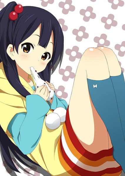 Anime picture 716x1011 with tamako market kyoto animation kitashirakawa anko jampen single long hair tall image looking at viewer blush black hair brown eyes one side up eating girl socks sweater dress wagashi mochi