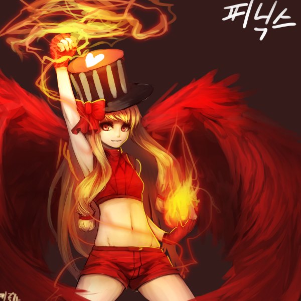 Anime picture 1200x1200 with granado espada kiyuga single long hair looking at viewer highres blonde hair red eyes light smile magic brown background girl gloves navel bow wings shorts heart fire top hat