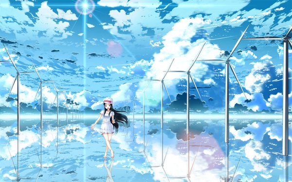 Anime picture 1280x800 with skyt2 long hair black hair wide image sky cloud (clouds) black eyes happy landscape girl dress hat sandals