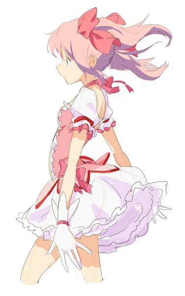Anime picture 750x1196 with mahou shoujo madoka magica shaft (studio) kaname madoka magomago single tall image short hair simple background white background twintails pink hair profile wind short twintails girl dress gloves bow hair bow choker