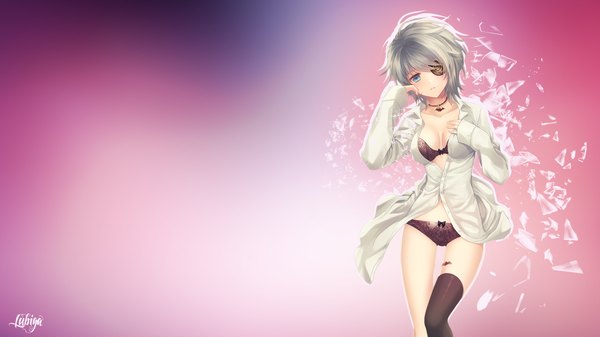 Anime picture 1920x1080 with sword girls iri flina reum lubiga single highres short hair blue eyes light erotic wide image cleavage silver hair pink background girl thighhighs underwear panties black thighhighs shirt lingerie