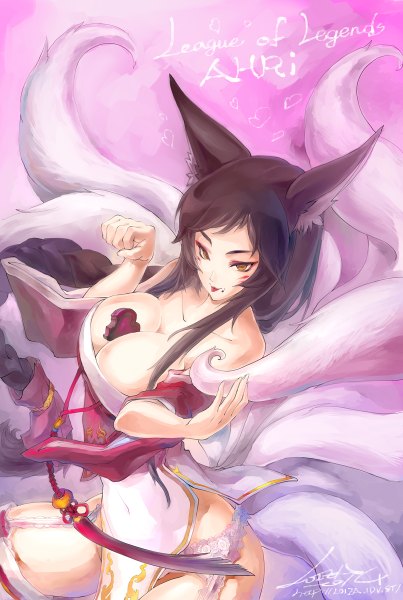 Anime picture 806x1200 with league of legends ahri (league of legends) loiza single long hair tall image highres breasts light erotic black hair large breasts bare shoulders animal ears yellow eyes tail braid (braids) traditional clothes animal tail wide sleeves fox ears
