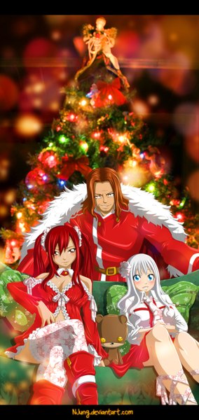 Anime picture 1000x2109 with fairy tail erza scarlet mirajane strauss gildarts clive natilokijung long hair tall image blush blue eyes smile brown hair twintails bare shoulders multiple girls brown eyes bent knee (knees) white hair red hair blurry fur trim