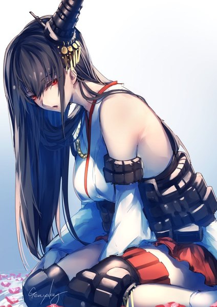 Anime picture 700x990 with kantai collection fusou battleship kyouya (mukuro238) single long hair tall image looking at viewer breasts black hair simple background red eyes large breasts sitting bare shoulders signed long sleeves traditional clothes parted lips japanese clothes wide sleeves