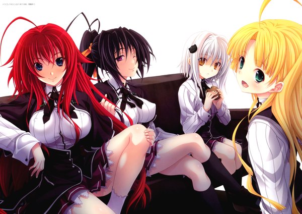 Anime picture 8551x6050 with highschool dxd rias gremory himejima akeno asia argento toujou koneko miyama zero long hair blush highres short hair open mouth blue eyes black hair blonde hair smile red eyes multiple girls absurdres white hair ponytail