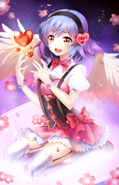 Anime picture 850x1314 with original phyrnna (squadra) squchan single tall image blush short hair open mouth smile yellow eyes purple hair night night sky kneeling angel wings girl thighhighs dress flower (flowers) petals