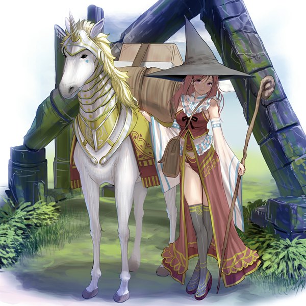 Anime picture 1000x1000 with original masao single long hair looking at viewer blonde hair pink eyes light smile witch face paint ruins girl dress ribbon (ribbons) plant (plants) hat detached sleeves animal thigh boots bag