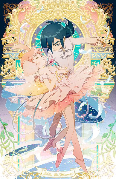 Anime picture 619x956 with princess tutu ahiru arima princess tutu (character) fakir (tutu) mimimiru long hair tall image short hair pink hair full body eyes closed aqua eyes aqua hair arm support leaning leaning forward low ponytail arched back dancing ballerina