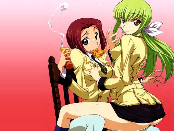 Anime picture 1600x1200 with code geass sunrise (studio) c.c. kallen stadtfeld long hair looking at viewer fringe short hair breasts blue eyes light erotic simple background smile large breasts sitting multiple girls holding yellow eyes ass red hair