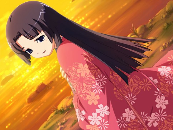 Anime picture 1024x768 with routes blue eyes black hair game cg japanese clothes girl kimono