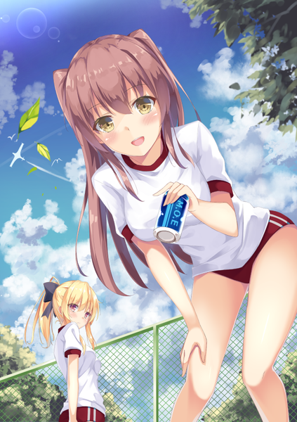 Anime picture 595x842 with original chuxue tall image looking at viewer blush fringe open mouth light erotic blonde hair smile hair between eyes brown hair twintails multiple girls holding brown eyes sky cloud (clouds) ponytail :d