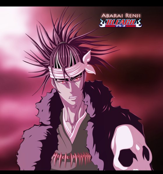 Anime picture 1000x1071 with bleach studio pierrot abarai renji hollowcn single long hair tall image red eyes brown hair ponytail inscription coloring letterboxed boy fur skull bandana