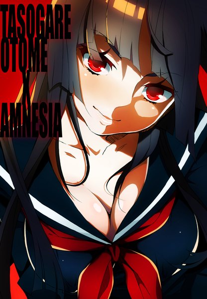 Anime picture 1200x1731 with tasogare otome x amnesia silver link kanoe yuuko rakkou single long hair tall image looking at viewer blush breasts simple background smile red eyes inscription face red background dark hair girl uniform school uniform