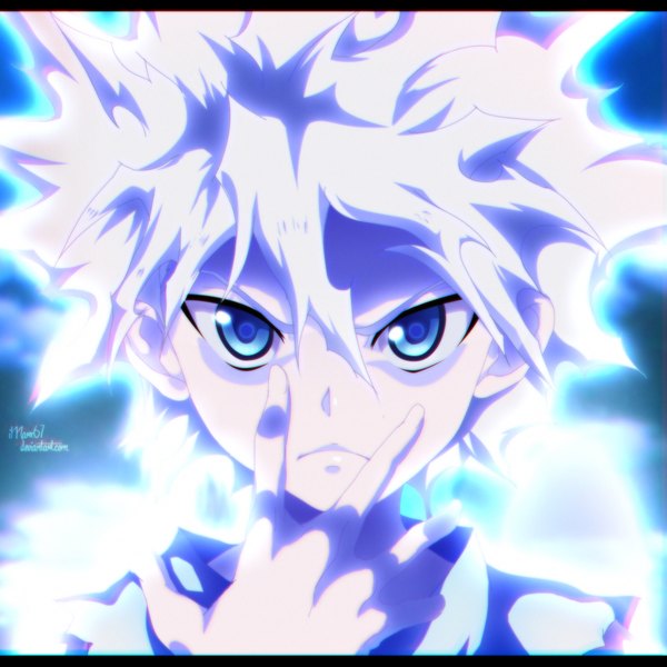 Anime picture 1100x1100 with hunter x hunter killua zaoldyeck eroishi single short hair blue eyes white hair coloring magic close-up face boy