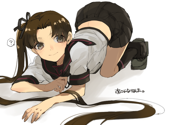 Anime picture 842x595 with kantai collection ayanami destroyer hita (hitapita) single simple background smile brown hair white background brown eyes looking away very long hair text side ponytail on all fours remodel (kantai collection) ? girl uniform ribbon (ribbons) hair ribbon