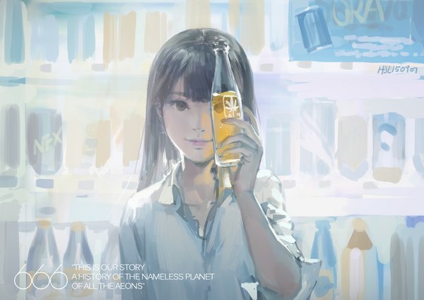 Anime picture 1169x827 with original hjl single long hair looking at viewer fringe black hair smile brown eyes signed lips open collar covering twisty sleeves covering eye (eyes) covering face girl shirt white shirt bottle
