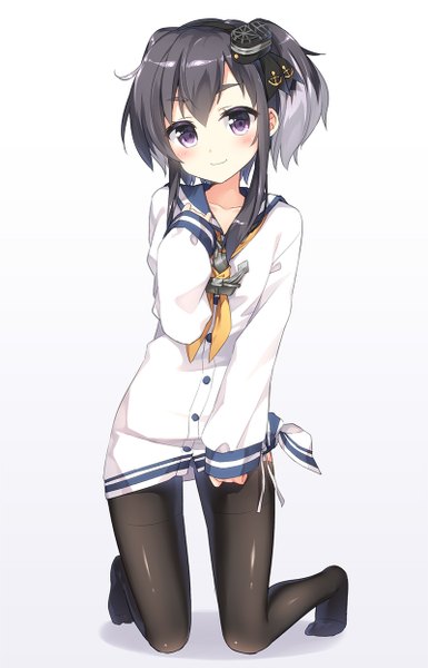 Anime picture 800x1244 with kantai collection tokitsukaze destroyer masuishi kinoto single tall image looking at viewer fringe short hair black hair simple background smile standing white background purple eyes silver hair bent knee (knees) multicolored hair two-tone hair no shoes kneeling