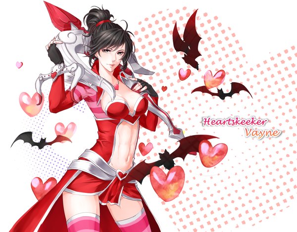 Anime picture 1381x1080 with league of legends vayne (league of legends) shishi (xx) single looking at viewer short hair black hair black eyes valentine girl thighhighs gloves navel ribbon (ribbons) weapon hair ribbon animal heart bat crossbow