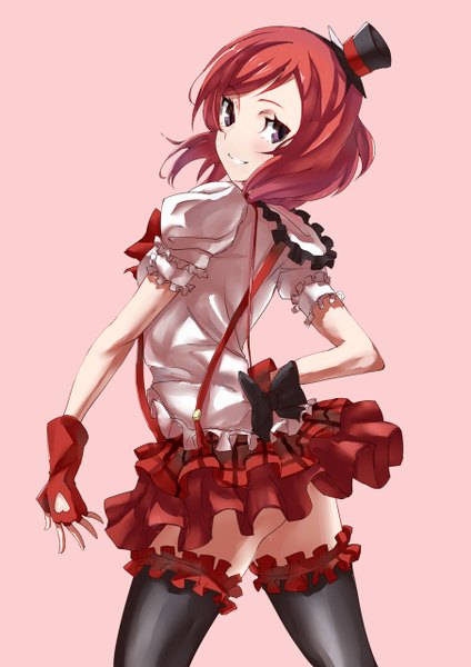 Anime picture 905x1280 with love live! school idol project sunrise (studio) love live! nishikino maki tsuuhan single tall image looking at viewer blush short hair light erotic simple background smile standing purple eyes red hair pleated skirt looking back hand on hip plaid skirt