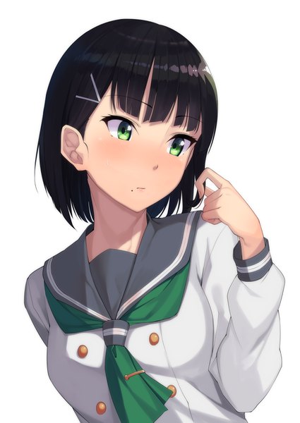 Anime picture 2508x3541 with love live! sunshine!! sunrise (studio) love live! kurosawa dia ginopi single tall image blush fringe highres short hair black hair simple background white background green eyes looking away upper body long sleeves mole sweatdrop