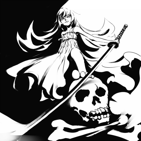 Anime picture 1600x1600 with bakemonogatari shaft (studio) monogatari (series) oshino shinobu marimo ouji (artist) long hair bare shoulders barefoot loli monochrome girl weapon sword katana sundress skull