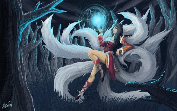 Anime picture 1280x801 with league of legends ahri (league of legends) ahanblazer single looking at viewer fringe breasts black hair red eyes large breasts signed animal ears cloud (clouds) bent knee (knees) tail animal tail profile night tattoo alternate costume