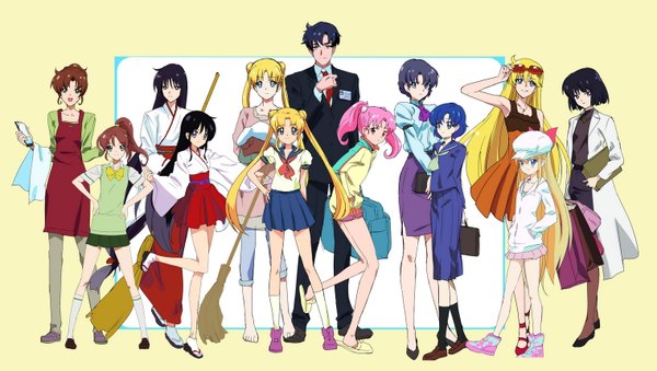 Anime picture 1519x860 with bishoujo senshi sailor moon original toei animation tsukino usagi chibiusa aino minako kino makoto mizuno ami hino rei tomoe hotaru chiba mamoru long hair looking at viewer short hair blue eyes black hair blonde hair simple background smile red eyes