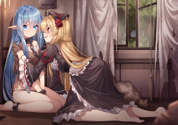 Anime picture 4000x2828 with original de da xianyu long hair blush fringe highres open mouth blue eyes light erotic blonde hair hair between eyes red eyes sitting multiple girls blue hair absurdres indoors very long hair barefoot pointy ears