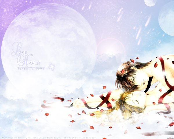 Anime picture 1280x1024 with ayashi no ceres studio pierrot mikage aya toya short hair blonde hair brown hair yellow eyes lying eyes closed profile wallpaper couple holding hands blue background third-party edit girl boy ribbon (ribbons) earrings