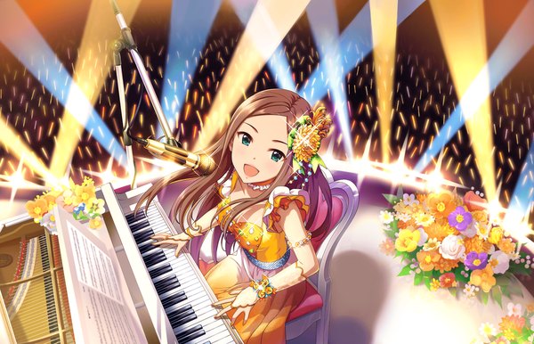 Anime picture 1280x824 with idolmaster idolmaster cinderella girls matsuyama kumiko single long hair looking at viewer open mouth blue eyes brown hair hair flower girl dress flower (flowers) musical instrument microphone stand piano scene