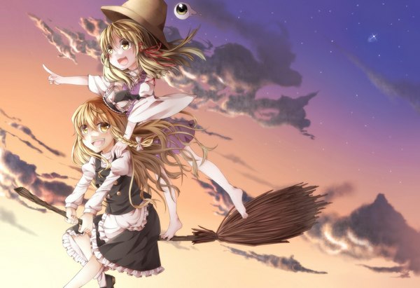 Anime picture 1000x686 with touhou kirisame marisa moriya suwako shinya (soramame) long hair blush short hair open mouth blonde hair multiple girls yellow eyes sky cloud (clouds) braid (braids) barefoot twin braids flying girl dress skirt