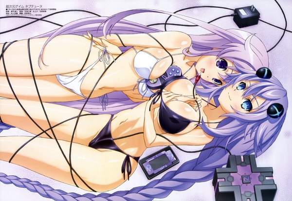 Anime picture 5944x4094 with choujigen game neptune megami magazine neptune (choujigen game neptune) purple heart nepgear long hair blush highres breasts open mouth blue eyes light erotic purple eyes multiple girls absurdres purple hair braid (braids) official art girl navel