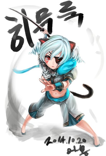 Anime picture 757x1112 with blade & soul mappung-gun (mhg0106) single tall image looking at viewer short hair red eyes animal ears silver hair tail animal tail lips cat ears cat girl cat tail girl navel weapon sword katana