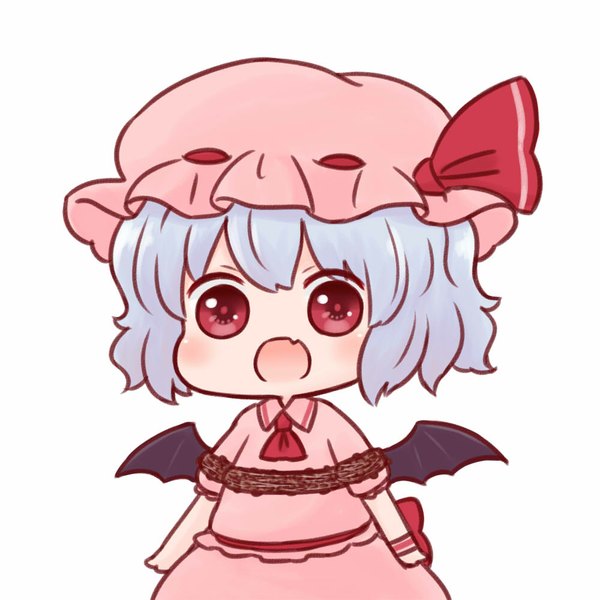 Anime picture 1000x1000 with touhou remilia scarlet batta (ijigen debris) single looking at viewer blush fringe short hair open mouth simple background red eyes white background blue hair chibi girl dress wings bonnet nattou