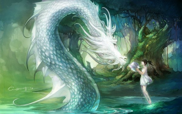Anime picture 1920x1200 with original tagme (artist) long hair highres black hair brown hair holding ponytail barefoot no shoes sleeveless dated light face to face eye contact fantasy river weightlessness lake girl
